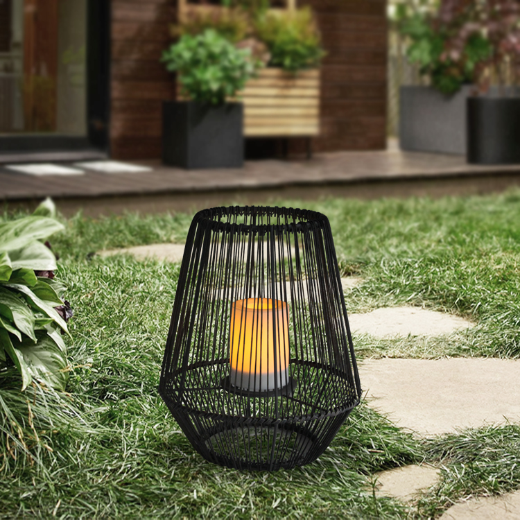"Rocklam" Iron-Rattan Lantern with Solar LED Candle ，Small