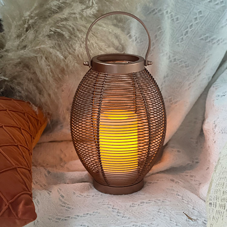 Gold Outdoor Metal Lantern with Solar LED Candle ，Medium
